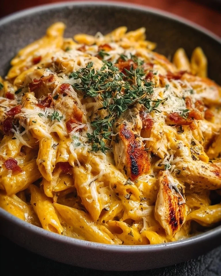 Delicious Cheesy Crack Chicken Pasta served in a bowl with fresh herbs.