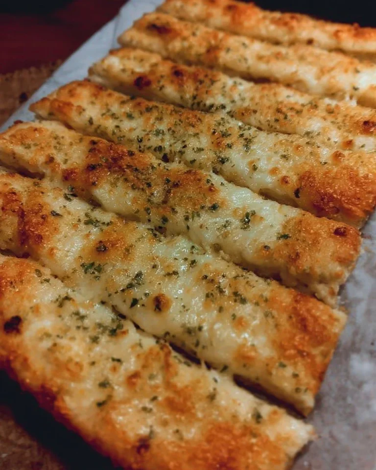 Cheesy garlic breadsticks arranged on a serving platter