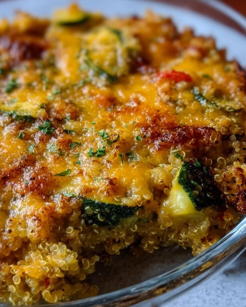 Cheesy veggie quinoa casserole topped with melted cheese and fresh vegetables
