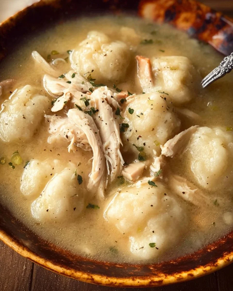 Delicious bowl of chicken and dumplings served warm