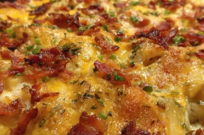 Delicious Chicken Bacon Ranch Potato Bake topped with cheese and crispy bacon