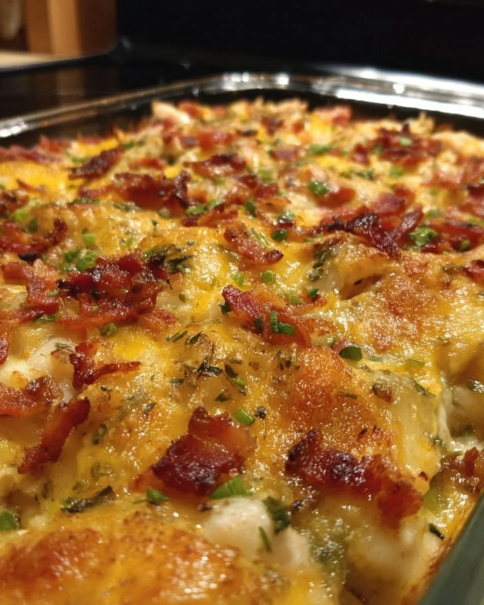 Delicious Chicken Bacon Ranch Potato Bake topped with cheese and crispy bacon
