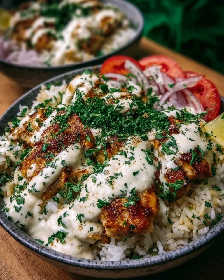 Chicken rice bowl with creamy garlic sauce garnished with herbs