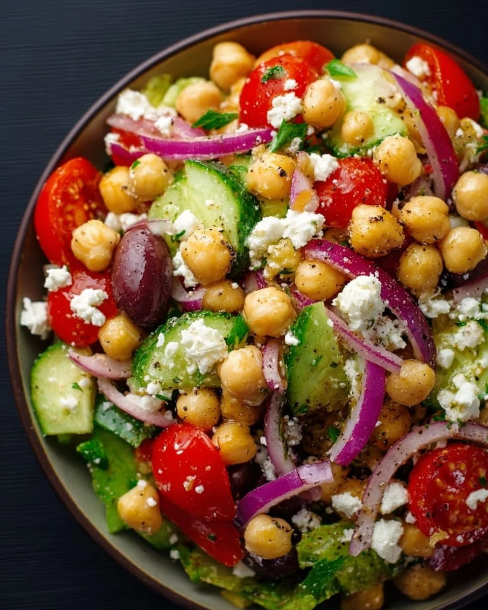 Chickpea Greek Salad with fresh vegetables and feta cheese