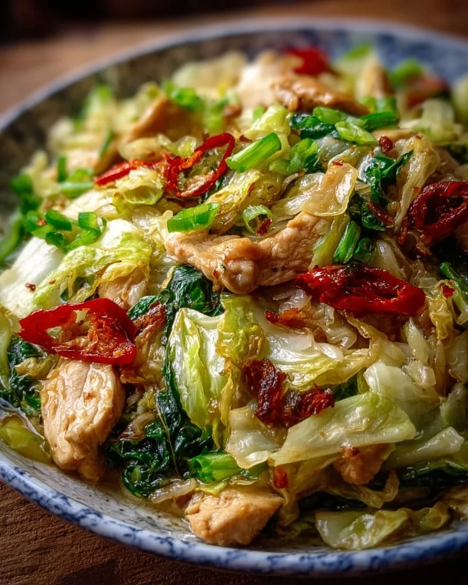 Delicious Chinese Chicken Cabbage Stir-Fry served in a bowl