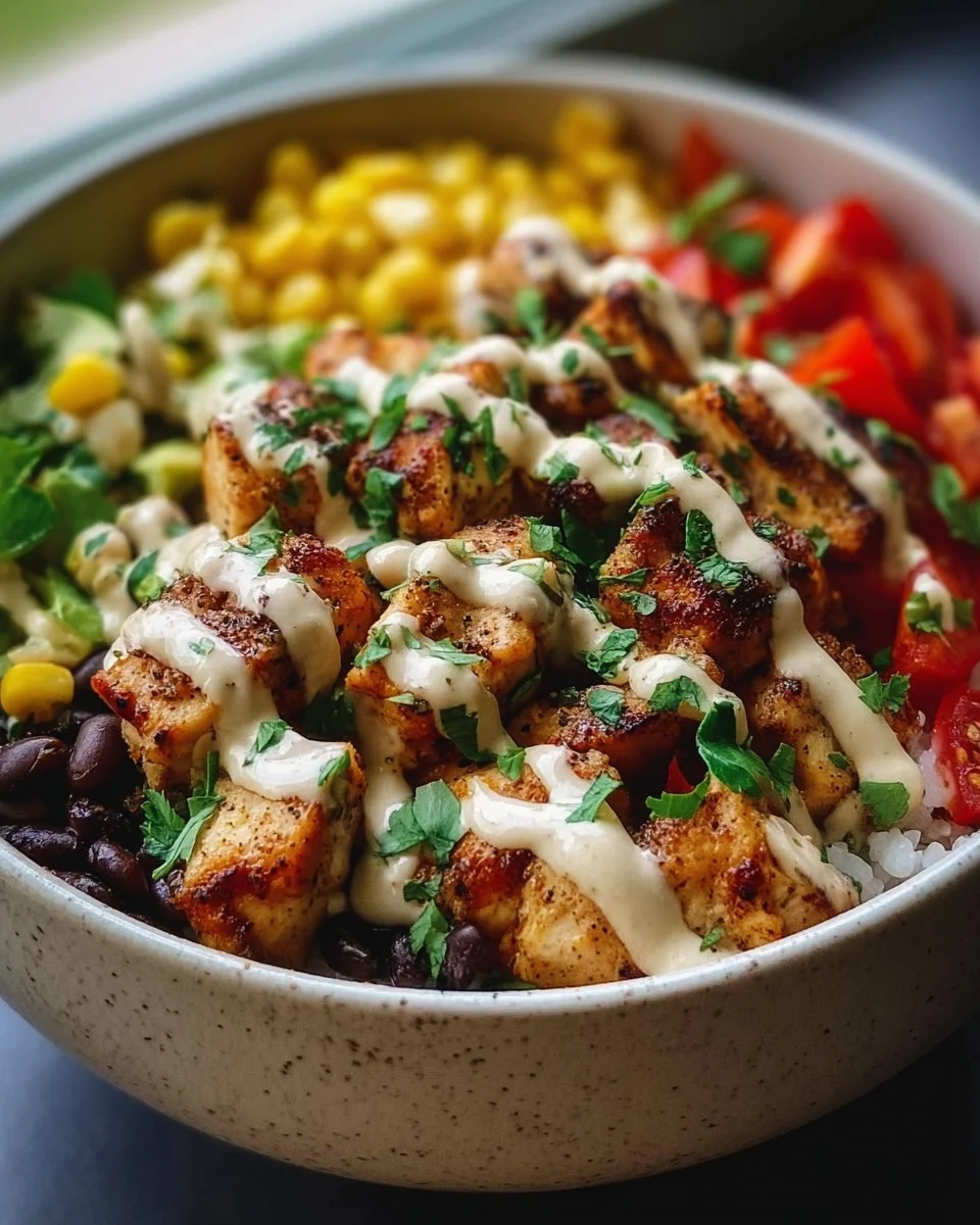 Delicious Chipotle Chicken Bowl featuring black beans, corn, and creamy sauce.