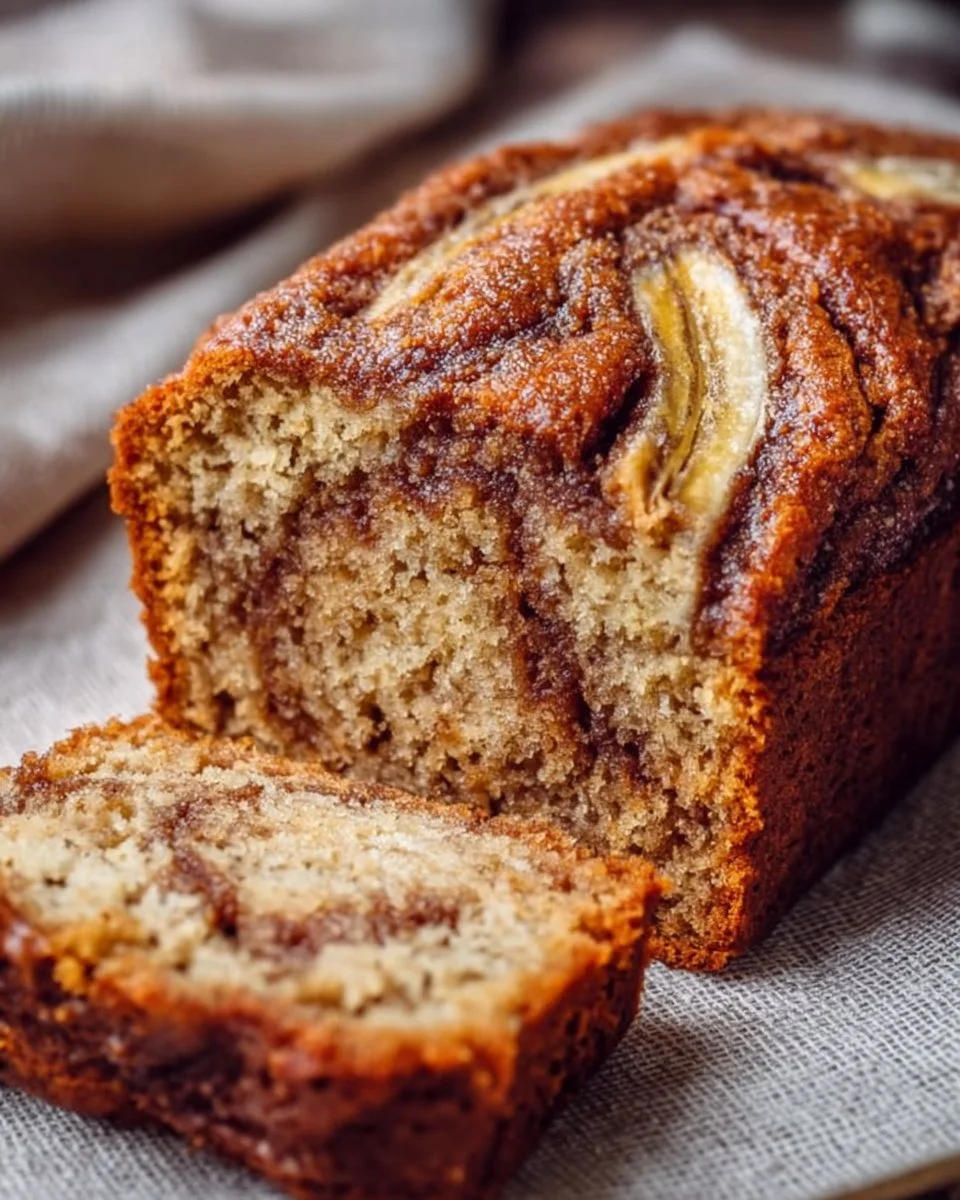 Slice of cinnamon swirl banana bread topped with walnuts