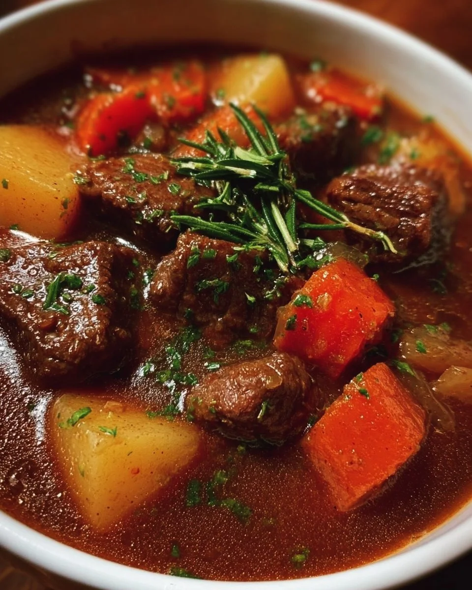 A bowl of classic beef stew filled with tender meat and vegetables