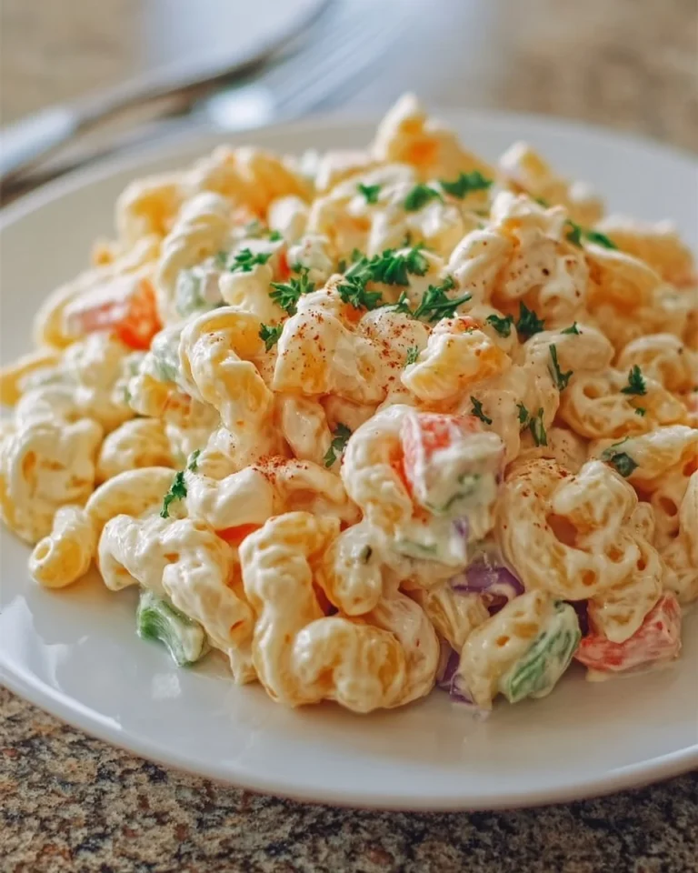 Classic macaroni salad with creamy mayo dressing served in a bowl.