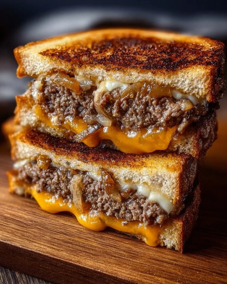 Delicious classic patty melt with grilled onions and melted cheese on toasted bread