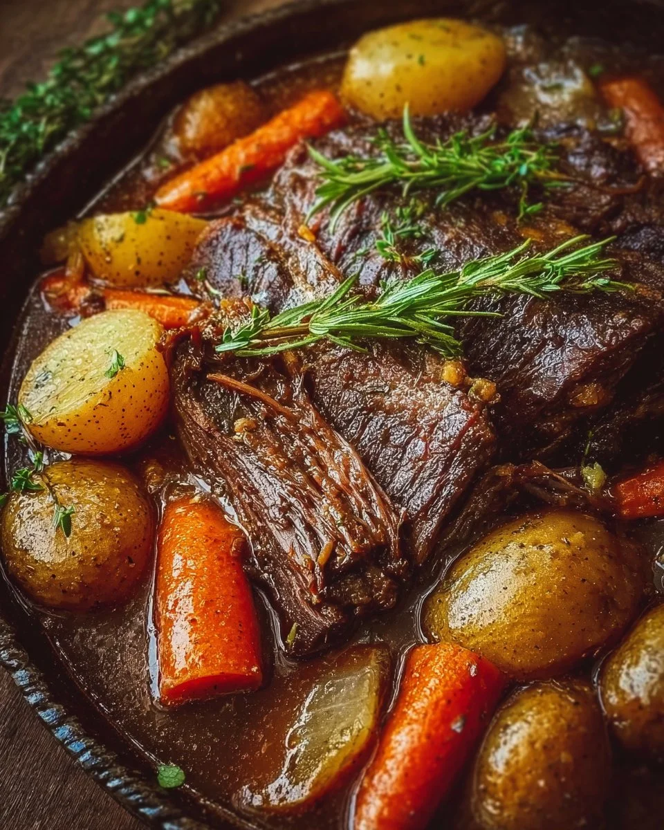 Delicious classic pot roast served with carrots and potatoes