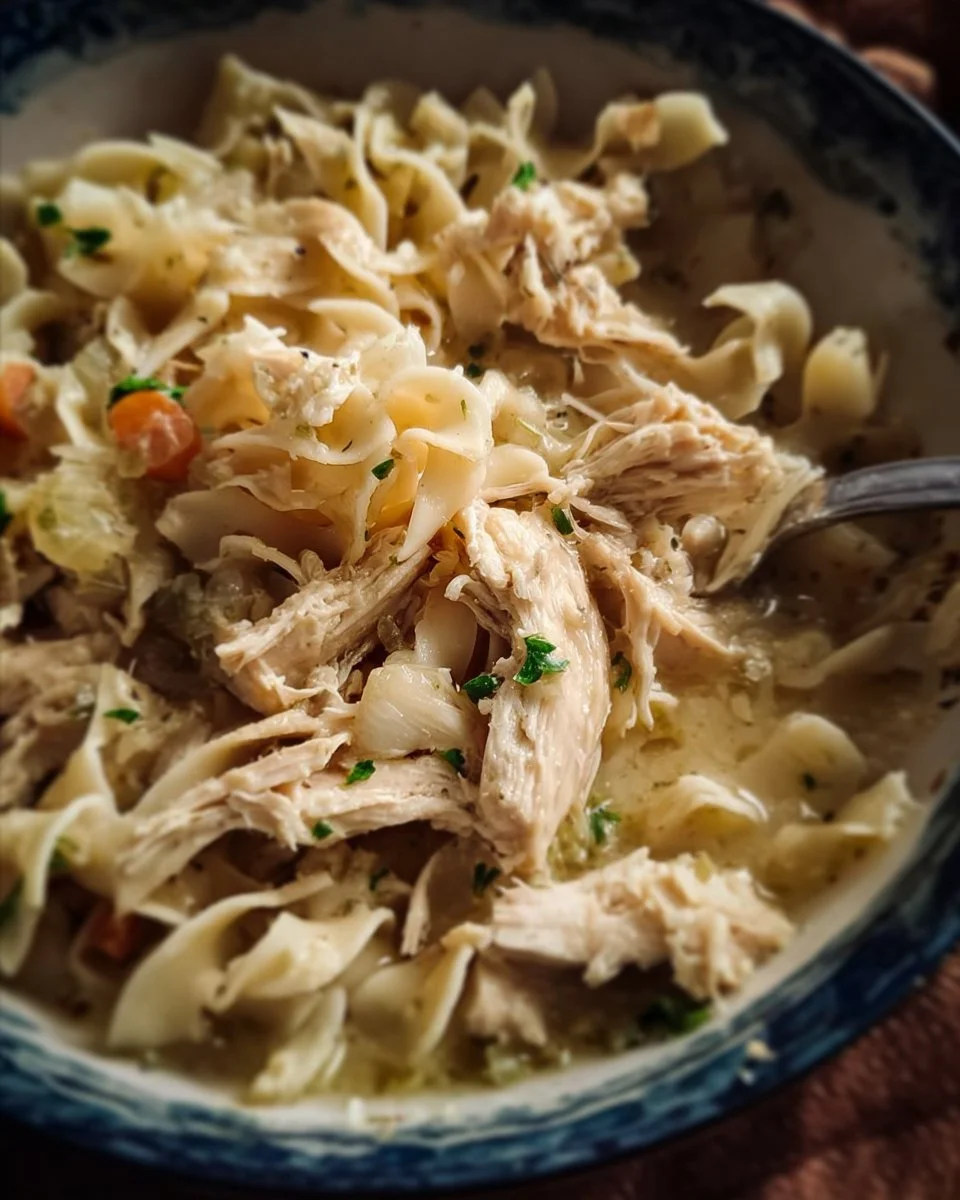 Bowl of comforting chicken and noodles cooked in a crockpot
