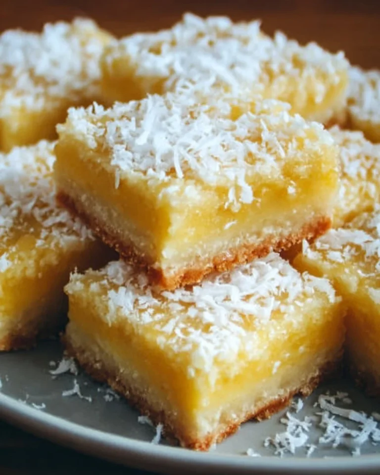 Creamy coconut lemon squares topped with coconut flakes, a delicious dessert treat