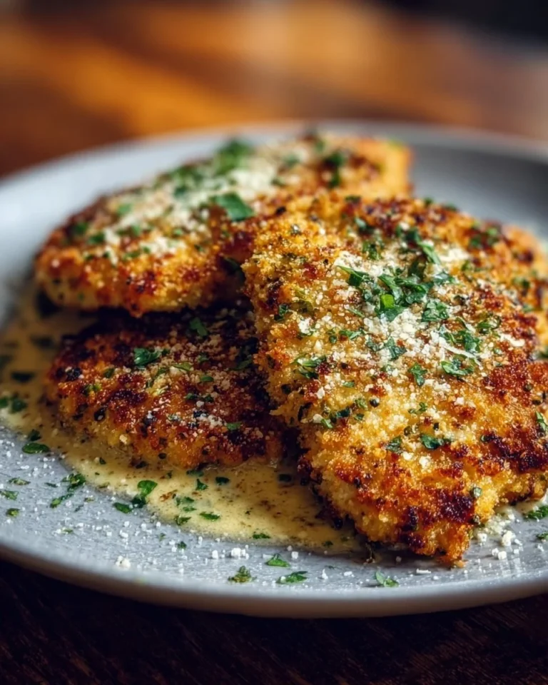 Creamy garlic parmesan crusted chicken on a plate garnished with herbs