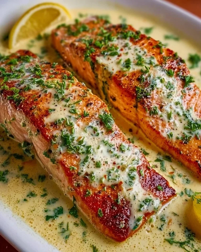 Delicious creamy garlic salmon served with herbs and lemon slice.