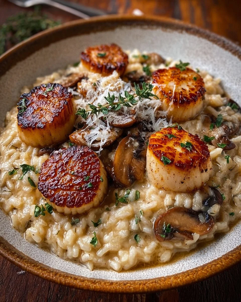 Creamy mushroom risotto with seared scallops on a plate