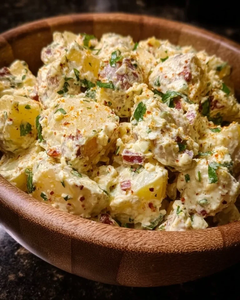 Bowl of Creole Potato Salad with colorful vegetables and spices