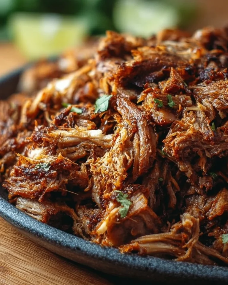 Plate of crispy slow cooker pork carnitas served with tortillas and toppings