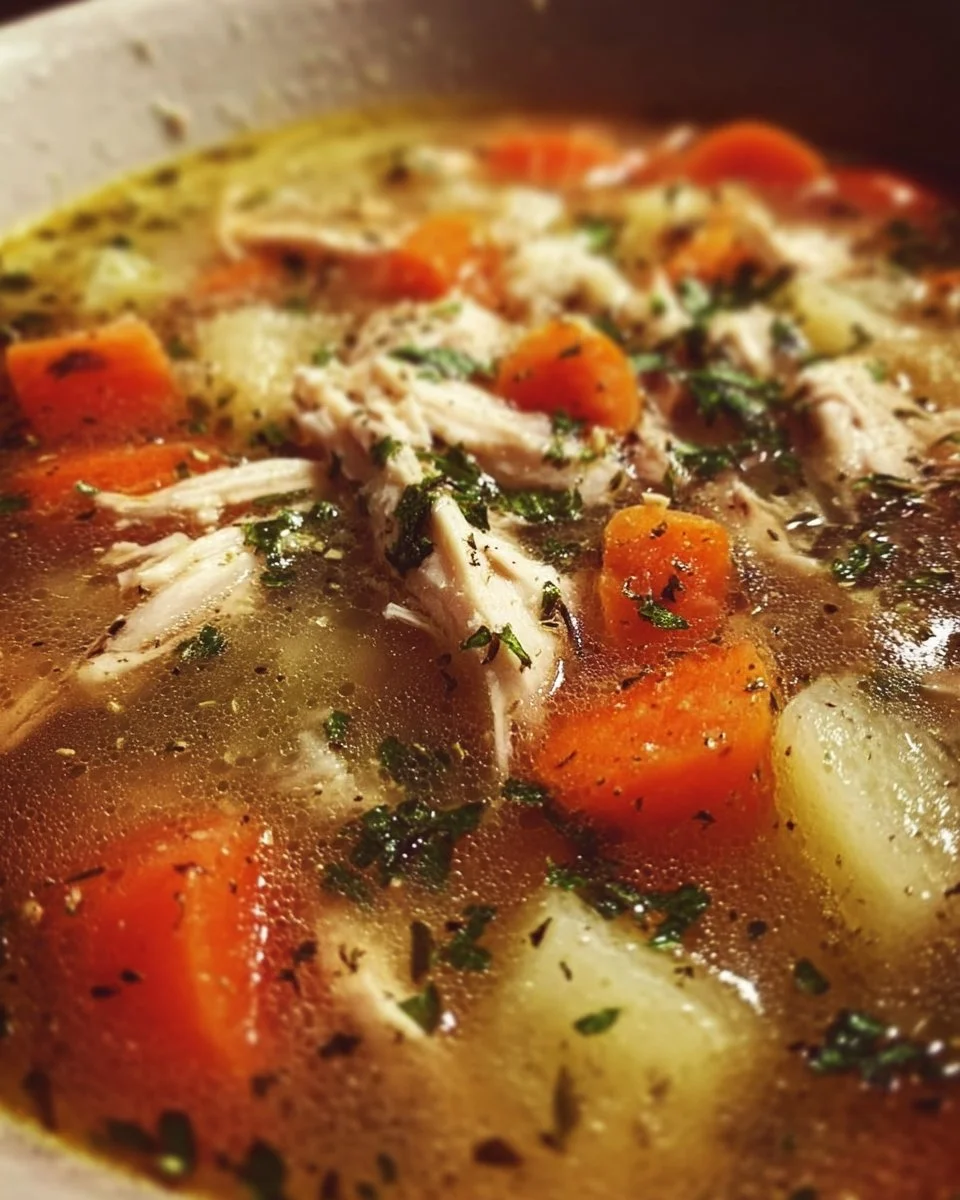 Crockpot chicken soup filled with vegetables and tender chicken