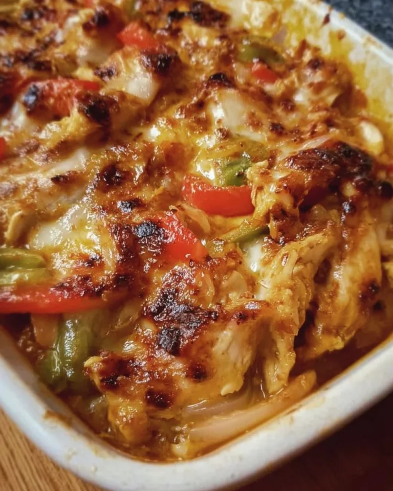 Delicious Fajita Chicken Casserole topped with cheese and peppers