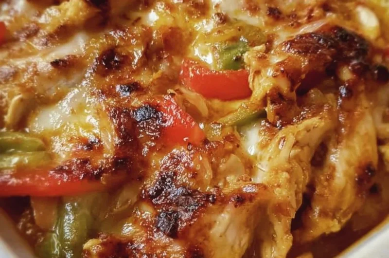 Delicious Fajita Chicken Casserole topped with cheese and peppers