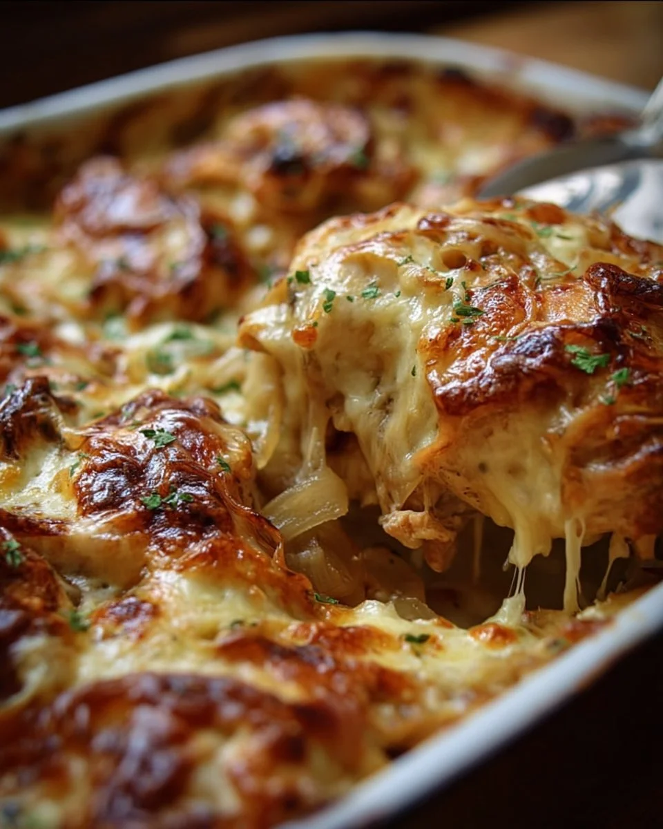 Delicious French Onion Chicken Bake with melted cheese and caramelized onions