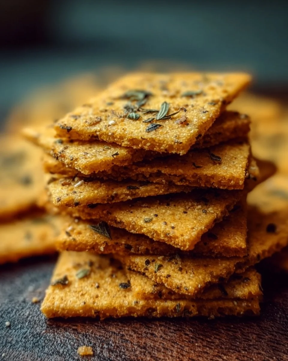 Crunchy garlic and herb chickpea flour snack crackers on a plate