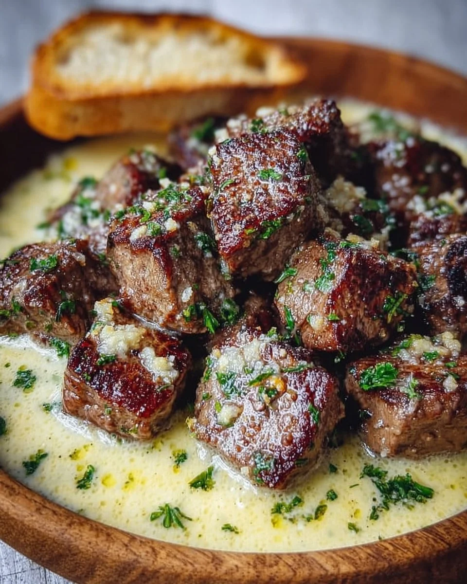 Delicious garlic butter steak bites with a rich Parmesan cream sauce