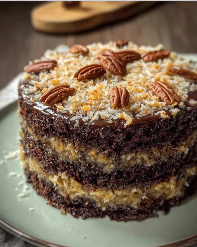 Delicious slice of German Chocolate Cake topped with coconut and pecan frosting