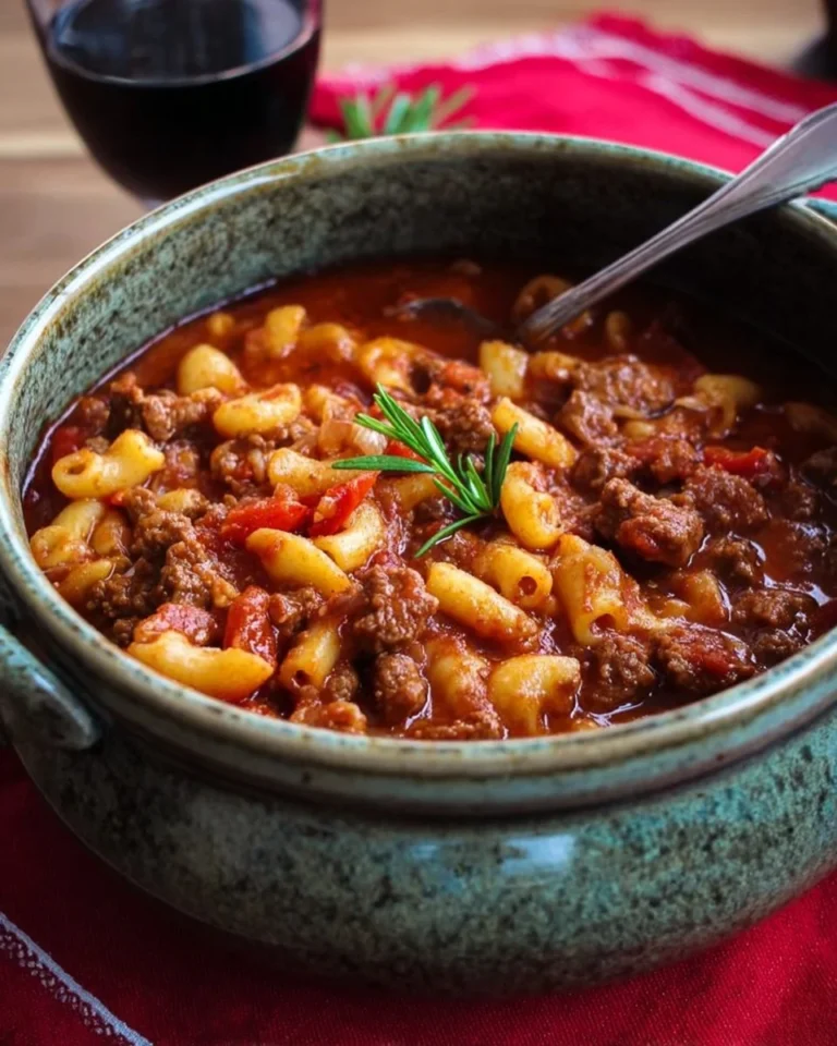 Hearty goulash dish served in a bowl with garnish, ready to enjoy.