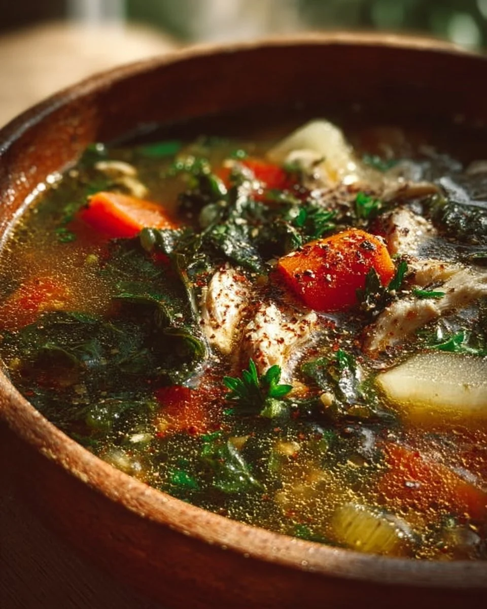 Bowl of Greek Healing Soup with fresh herbs and ingredients