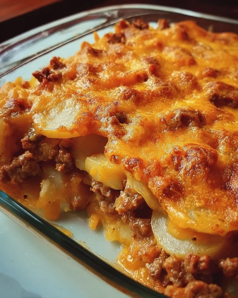 Delicious hamburger potato casserole with layers of hamburger, potatoes, and cheese.
