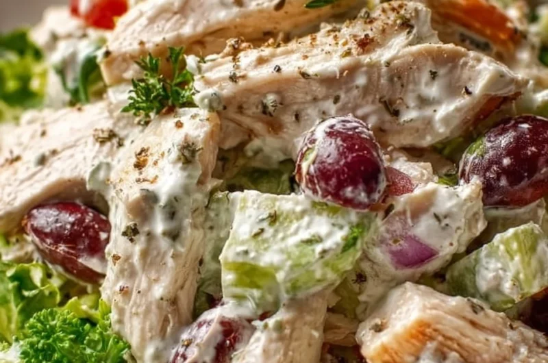 Healthy chicken salad with Greek yogurt served in a bowl with fresh vegetables.