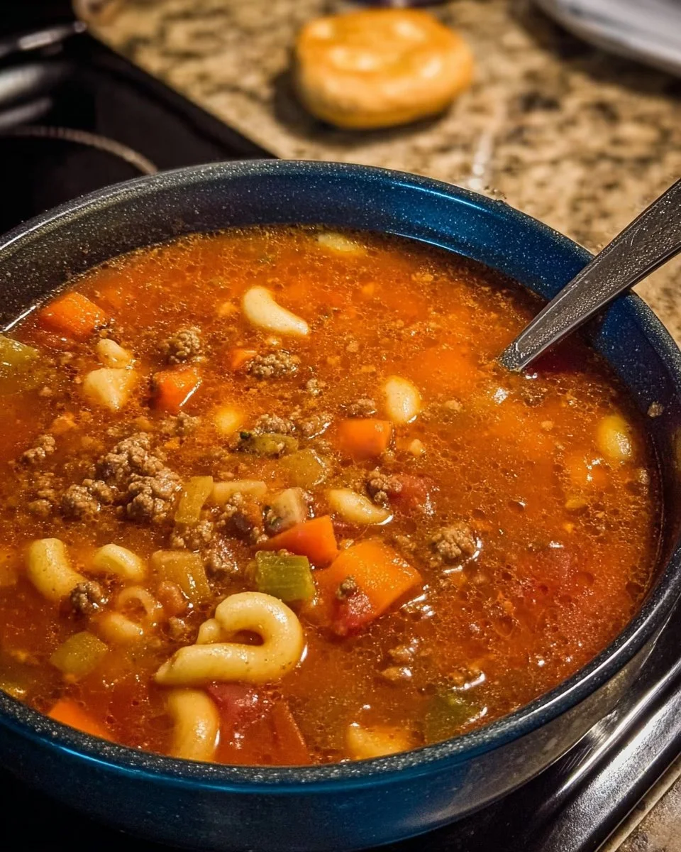 Hearty hamburger soup in a bowl topped with fresh herbs and served with bread.