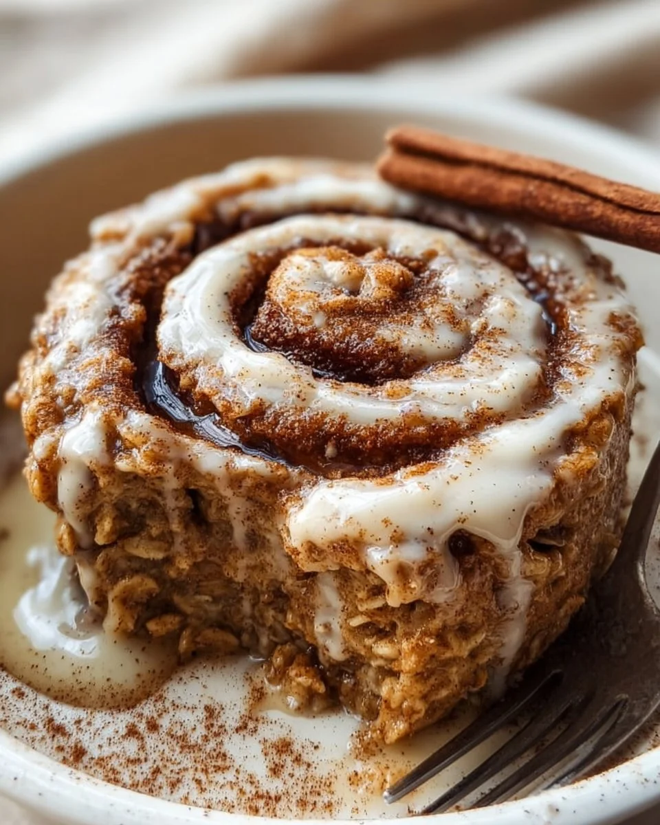 High-protein cinnamon roll baked oatmeal topped with icing and cinnamon sprinkles