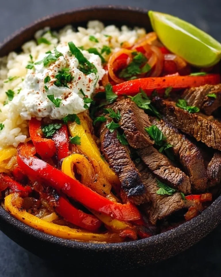 High protein steak fajita bowl with colorful vegetables and flavorful marinade.