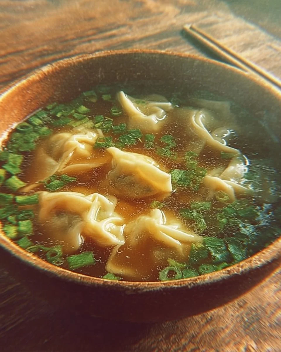 Bowl of homemade wonton soup with fresh herbs and dumplings