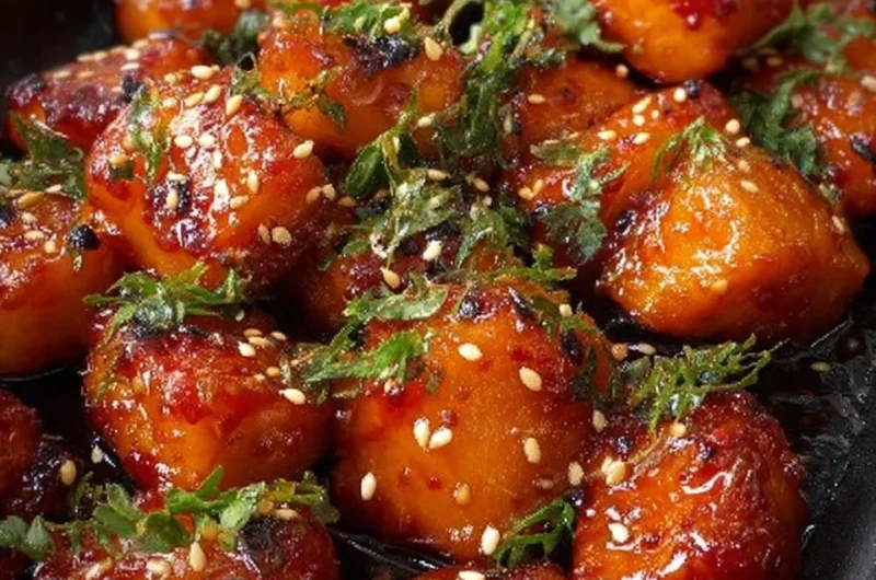 Hot Honey Salmon Bites served on a plate with garnishes