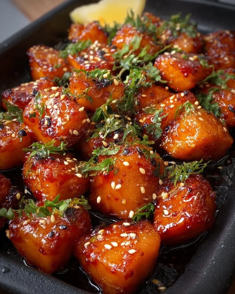 Hot Honey Salmon Bites served on a plate with garnishes