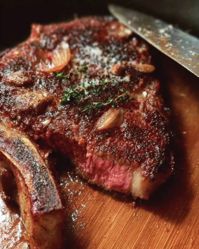 Perfectly cooked tender ribeye steak on a plate with herbs and spices