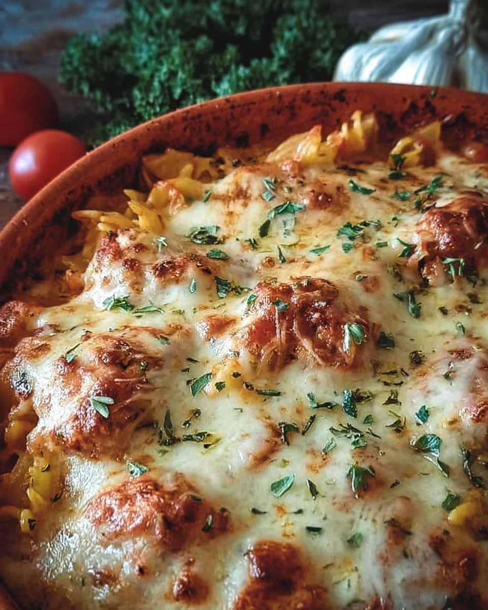 Italian Chicken Casserole with pasta and cheese baked to perfection