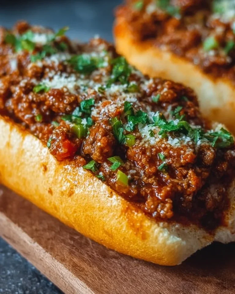 Italian Garlic Bread Sloppy Joes served on a plate with toppings and garnishes.