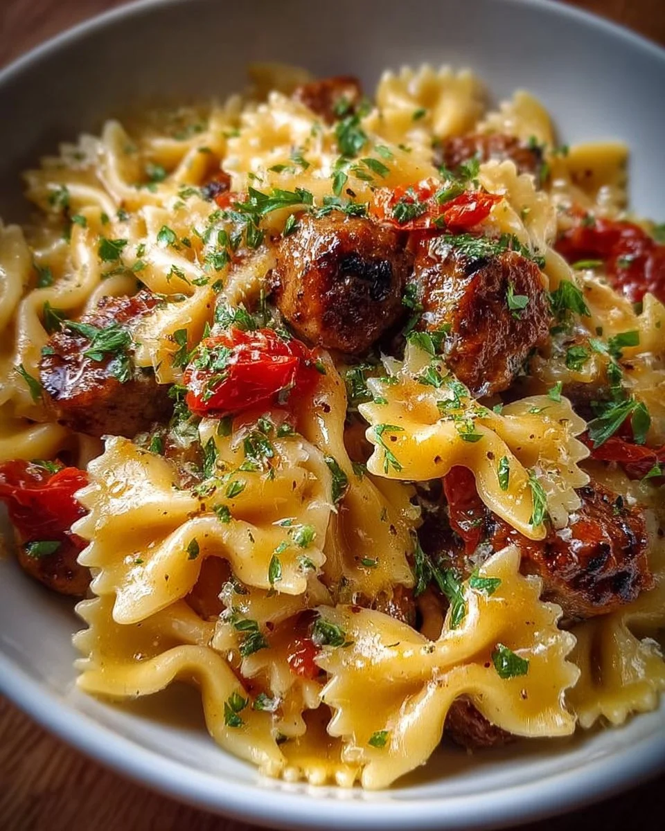Delicious plate of Italian sausage bow tie pasta garnished with herbs