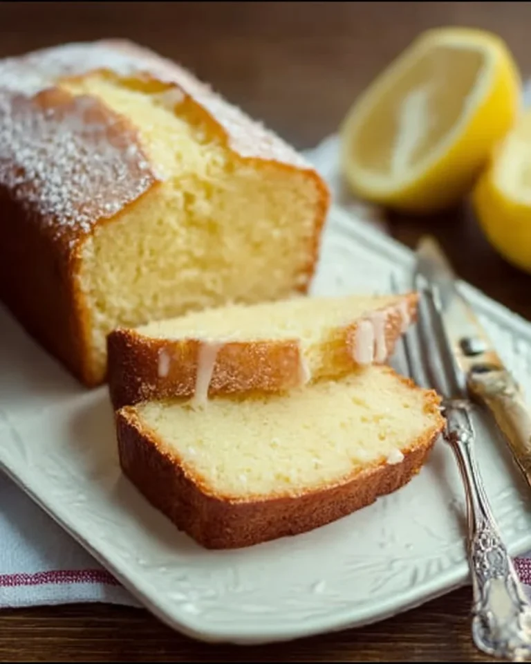 Homemade Lemon Loaf on a wooden table with lemon slices garnishing the plate.