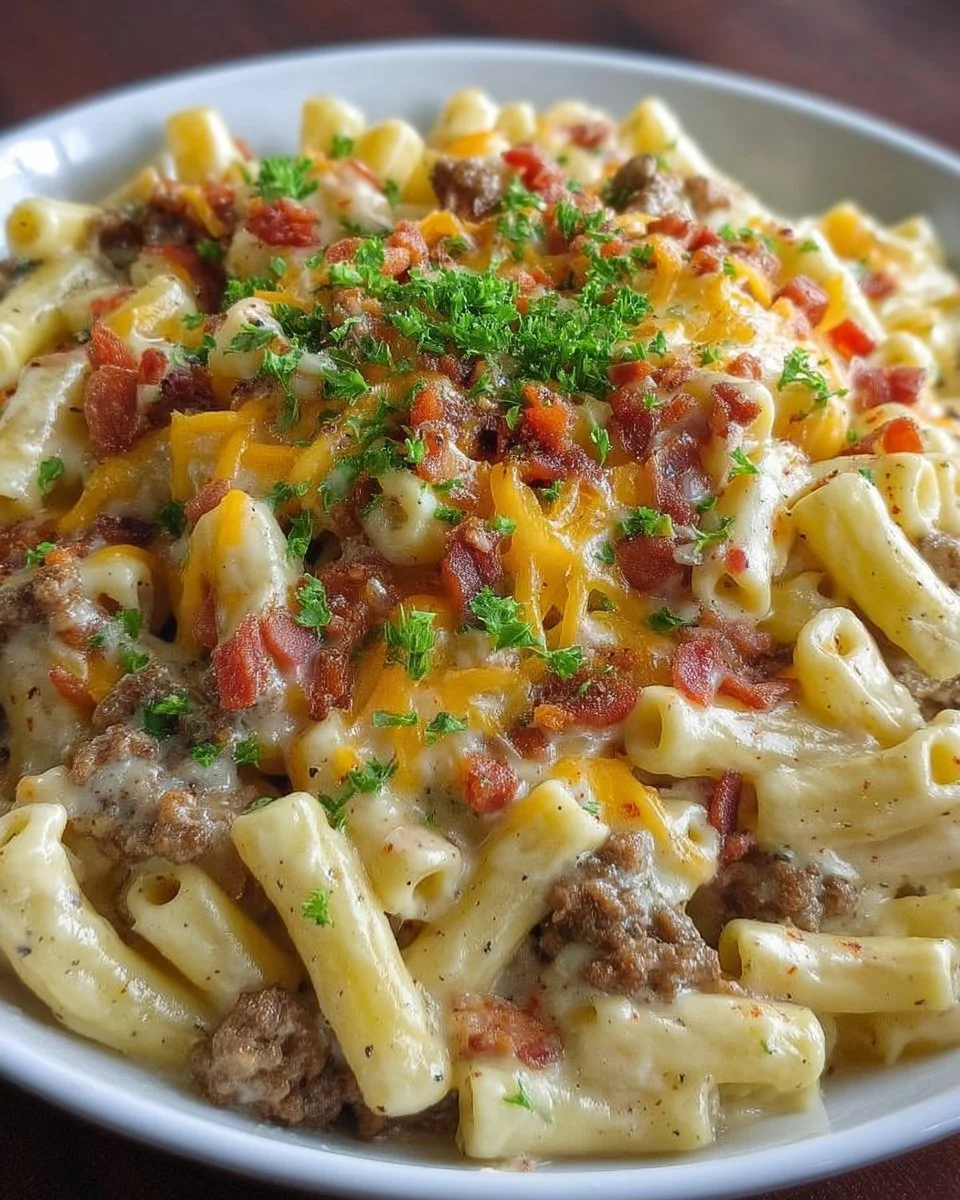 Loaded Cheeseburger Alfredo Pasta dish topped with cheese and herbs