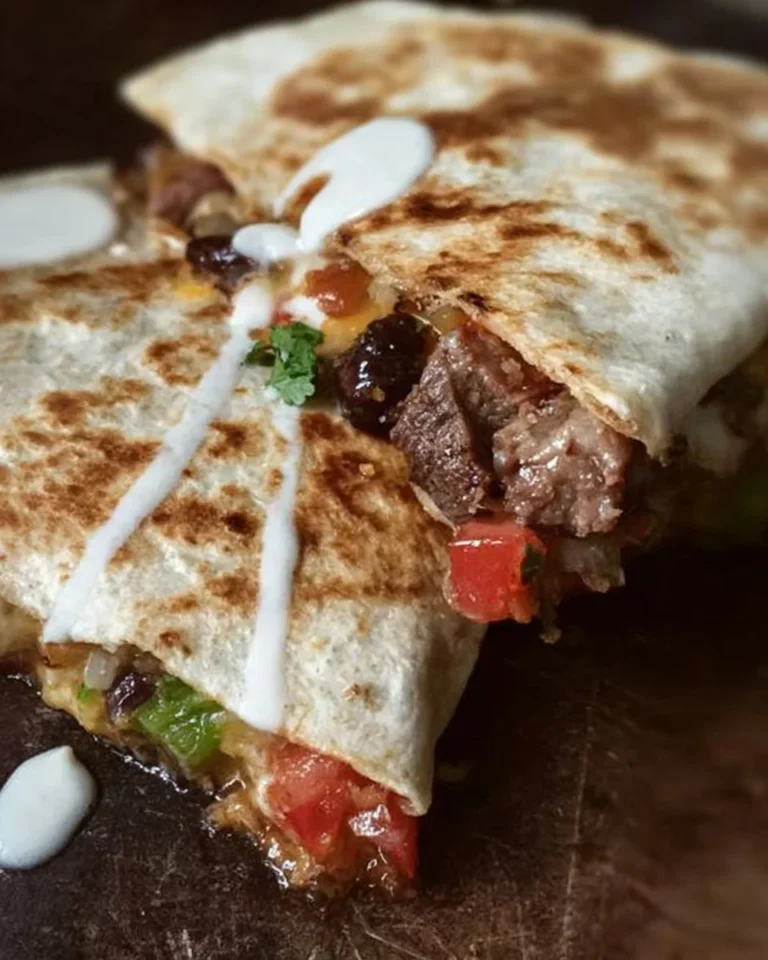 Delicious loaded steak quesadillas with cheese and toppings
