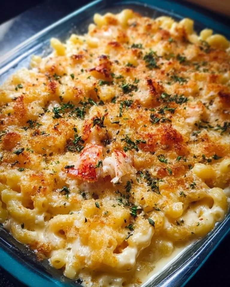 Delicious lobster, crab, and shrimp macaroni and cheese dish topped with breadcrumbs.
