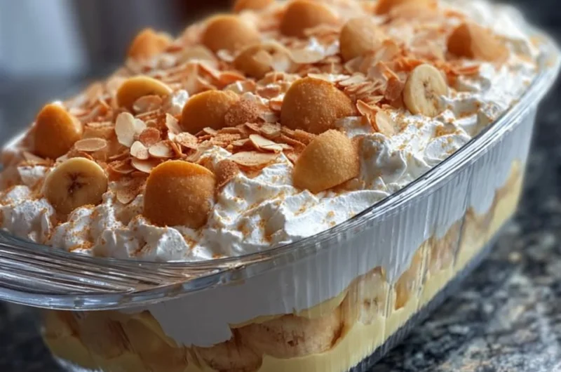 Old Fashioned Banana Pudding in a glass dish, showcasing layers of bananas and creamy pudding