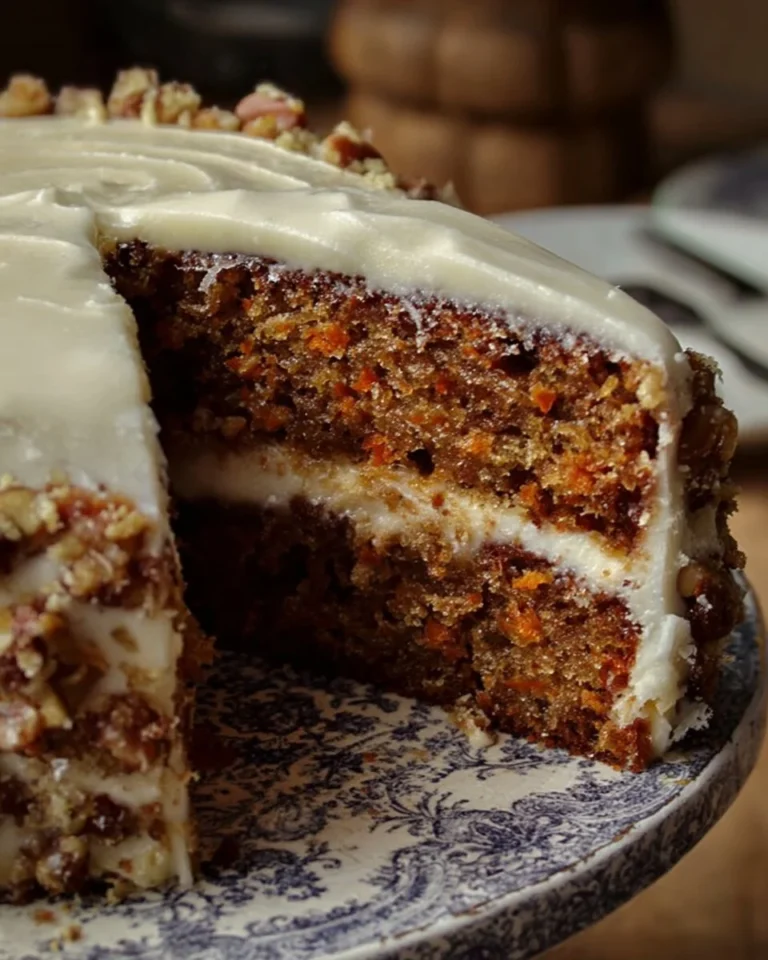 Slice of old fashioned carrot cake with cream cheese frosting on a plate