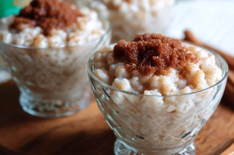 Bowl of creamy old fashioned rice pudding topped with cinnamon and raisins
